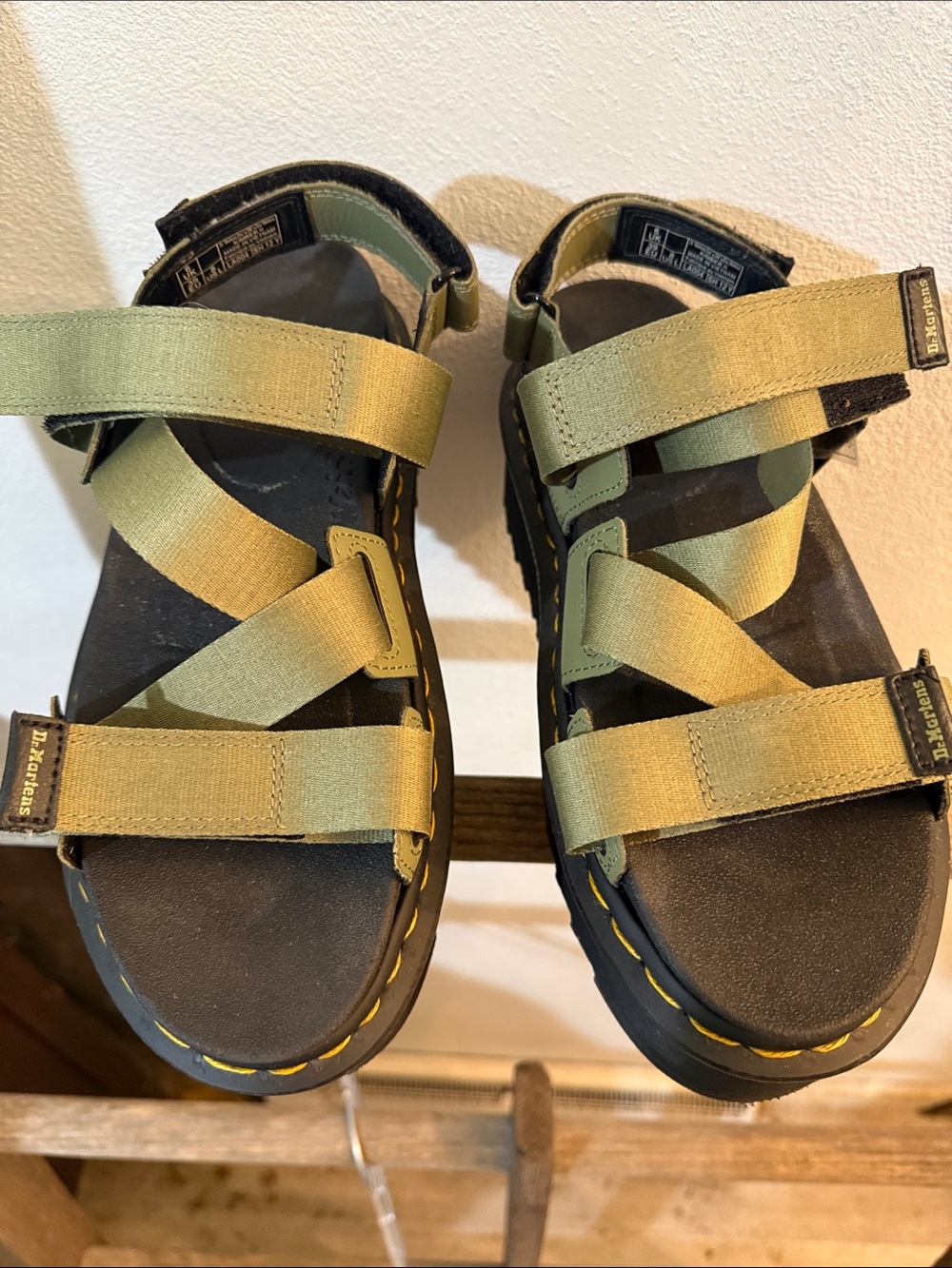 Dr. Martens Olive Strappy Platform Sandals with Yellow Stitching - Picture 9 of 12